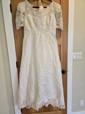 Bridal Collections Ivory Lace, Pearl, Crystal Long Dress with Scalloped Hem